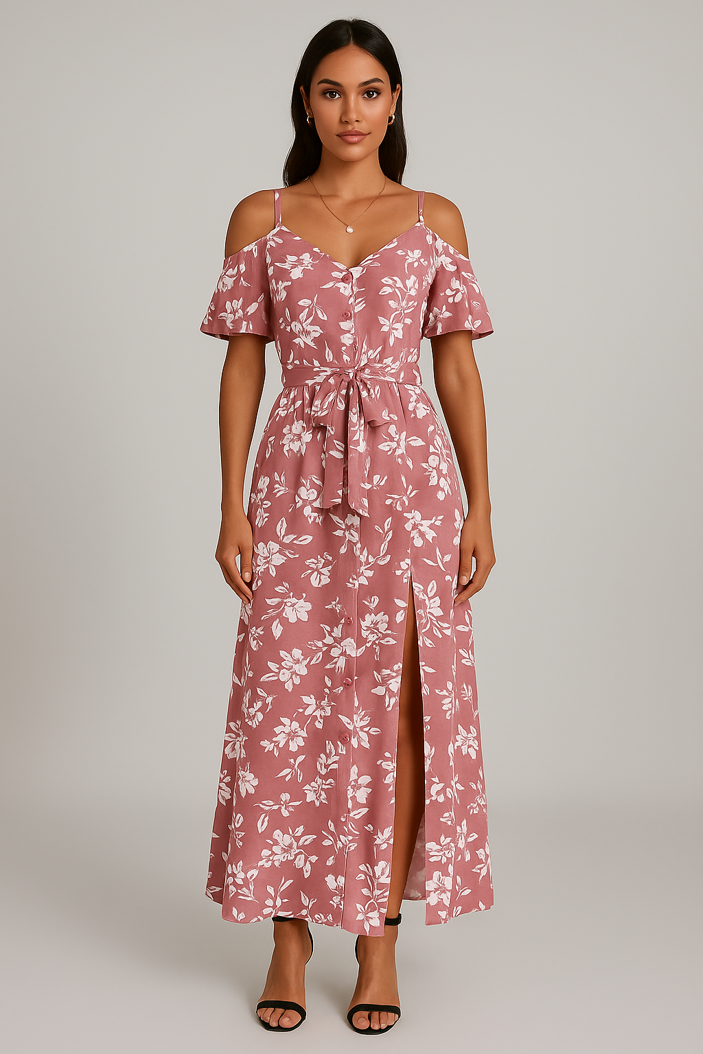 Robe longue fleurie à bretelles et épaules dénudées