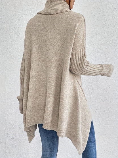 Pull chaud femme col roulé oversize – coupe asymétrique hiver cocooning