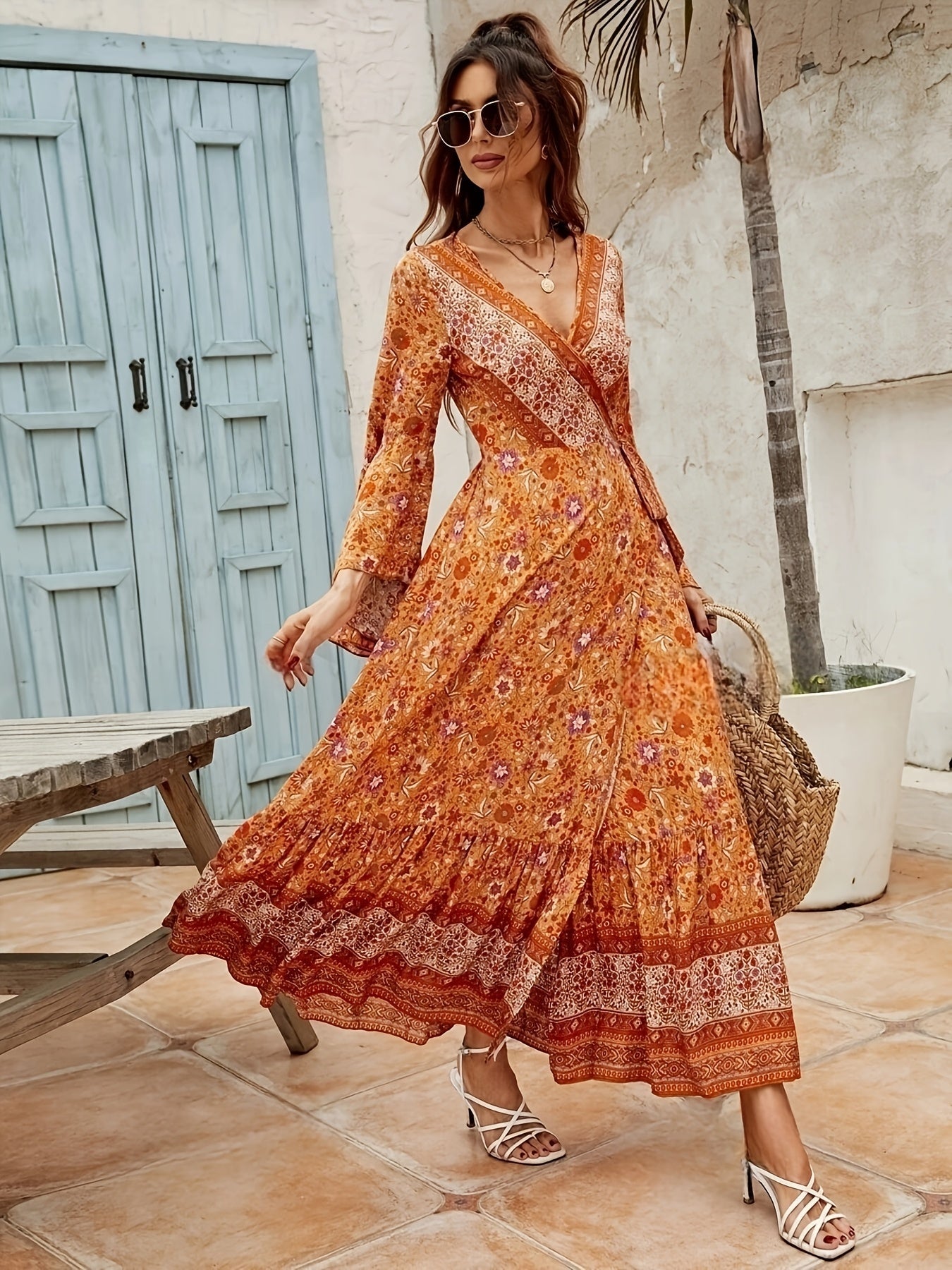 Robe bohème portefeuille longue à imprimé floral femme – chic et fluide