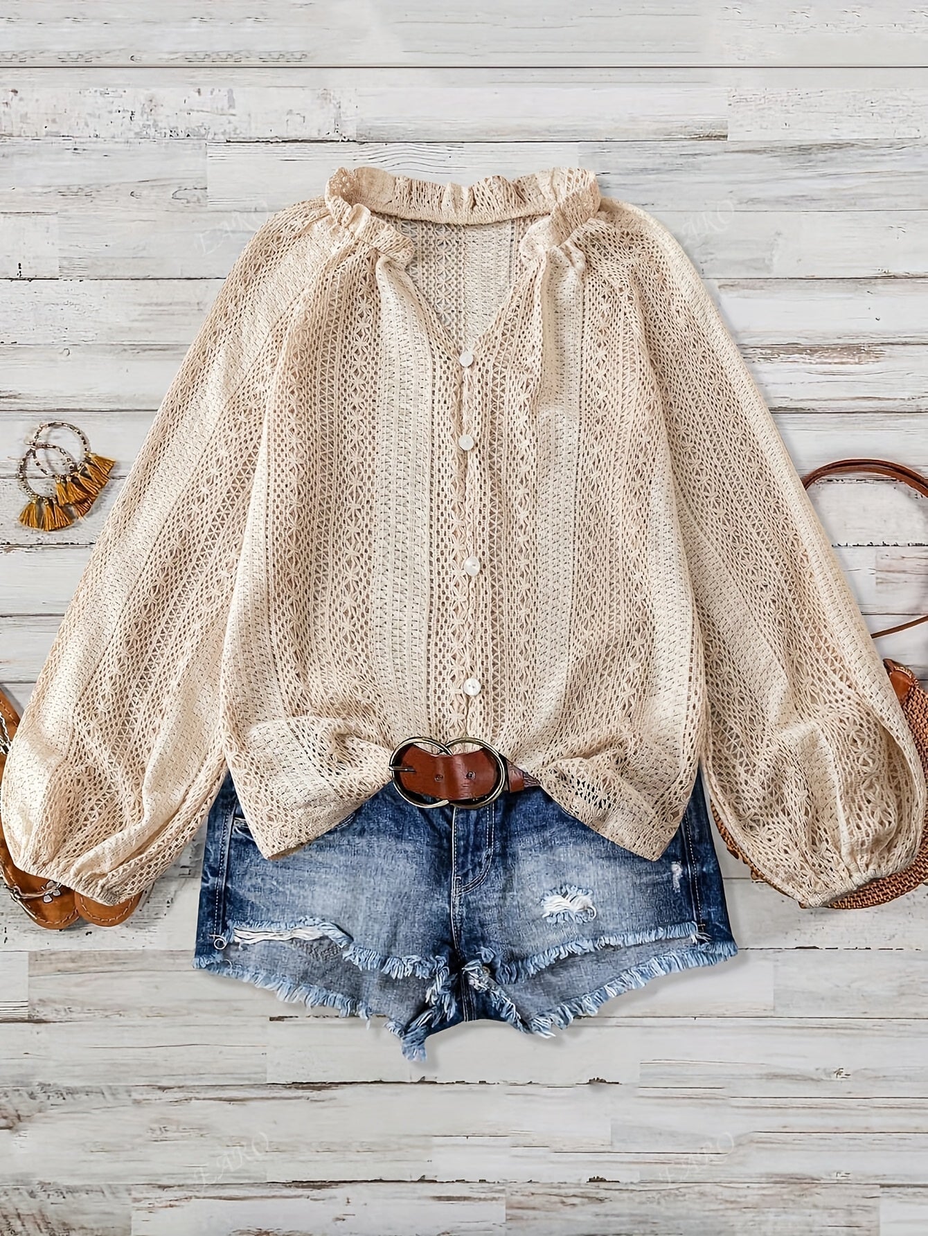 Blouse en maille ajourée femme manches longues boutonnée