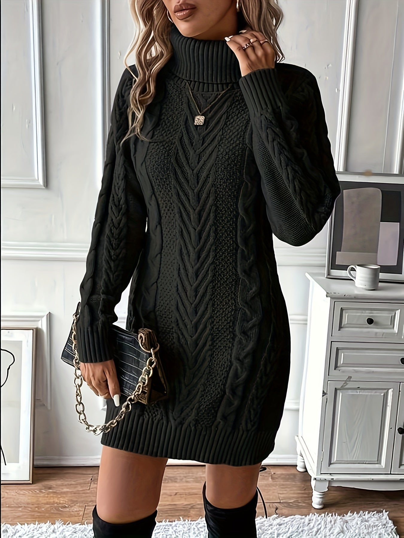 Robe pull hiver femme col roulé maille torsadée courte