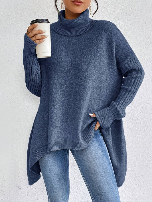 Pull chaud femme col roulé oversize – coupe asymétrique hiver cocooning