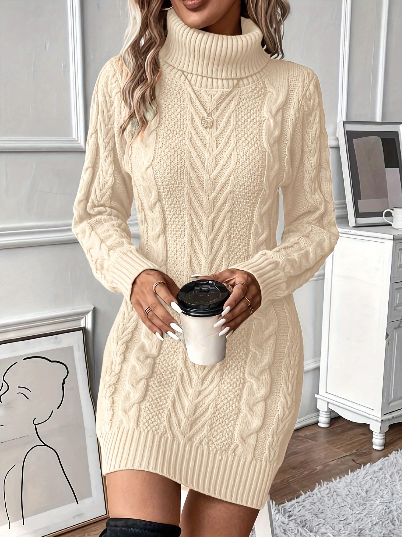 Robe pull hiver femme col roulé maille torsadée courte