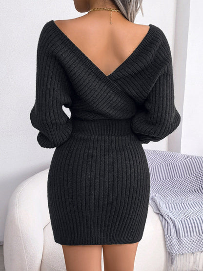 Robe pull moulante hiver femme col cache-cœur manches longues