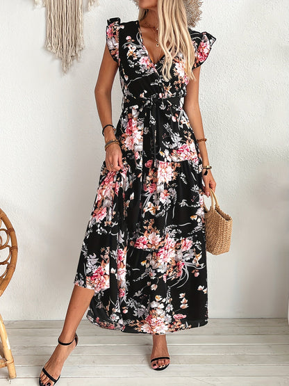 Robe longue fleurie femme à volants et décolleté V