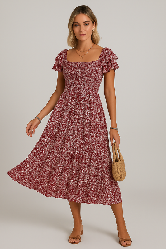 Robe mi-longue fleurie smockée – Vert émeraude