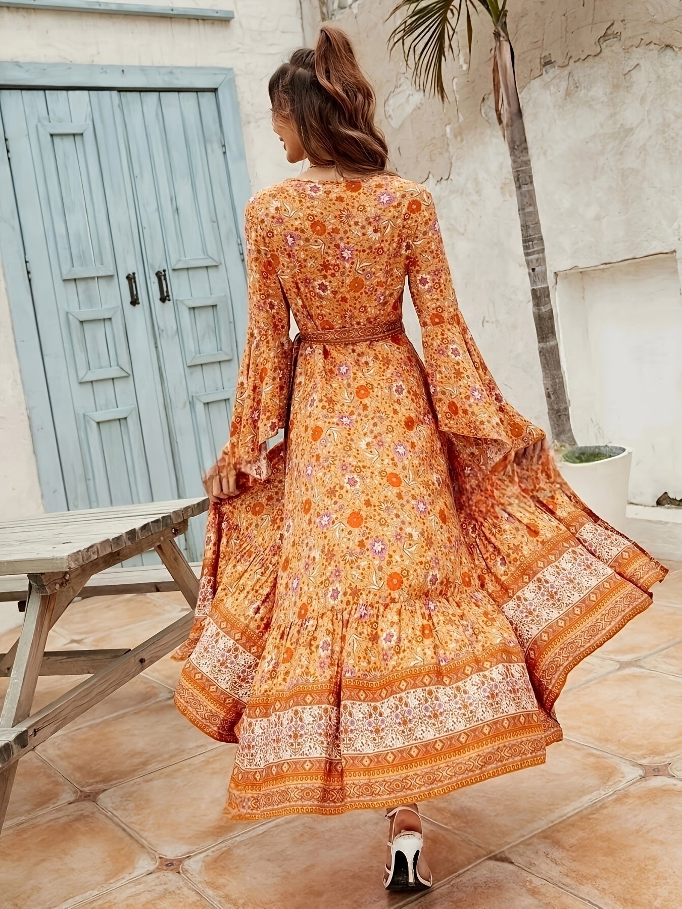 Robe bohème portefeuille longue à imprimé floral femme – chic et fluide