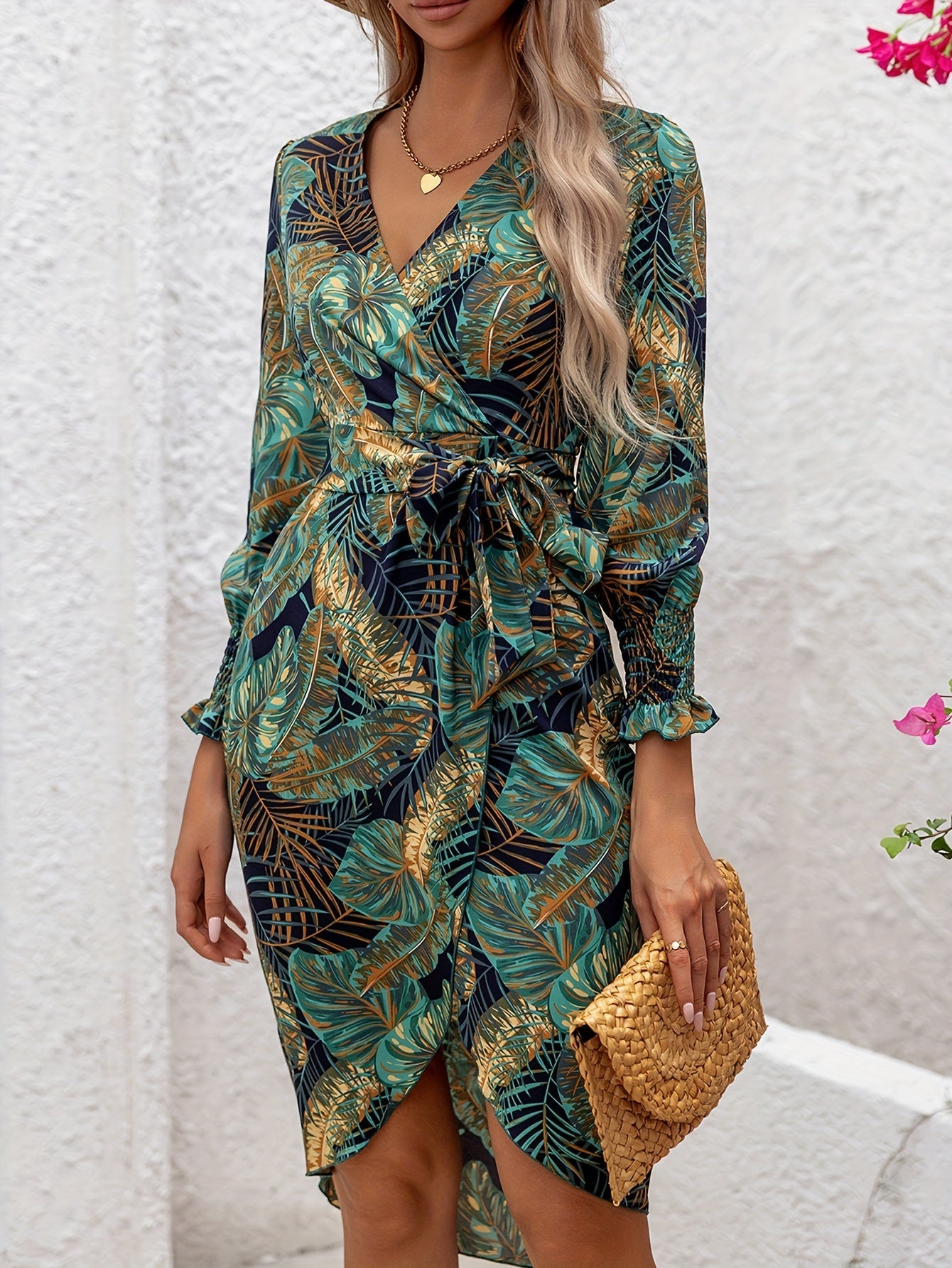Robe portefeuille mi-longue imprimé tropical femme manches longues