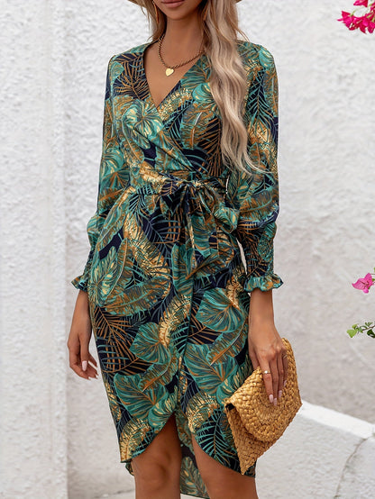 Robe portefeuille mi-longue imprimé tropical femme manches longues