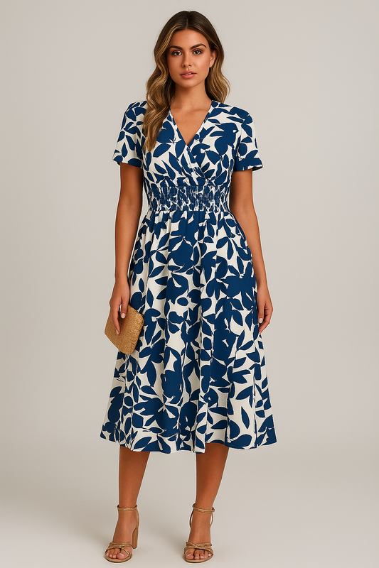 Robe portefeuille été femme imprimé feuillage manches courtes