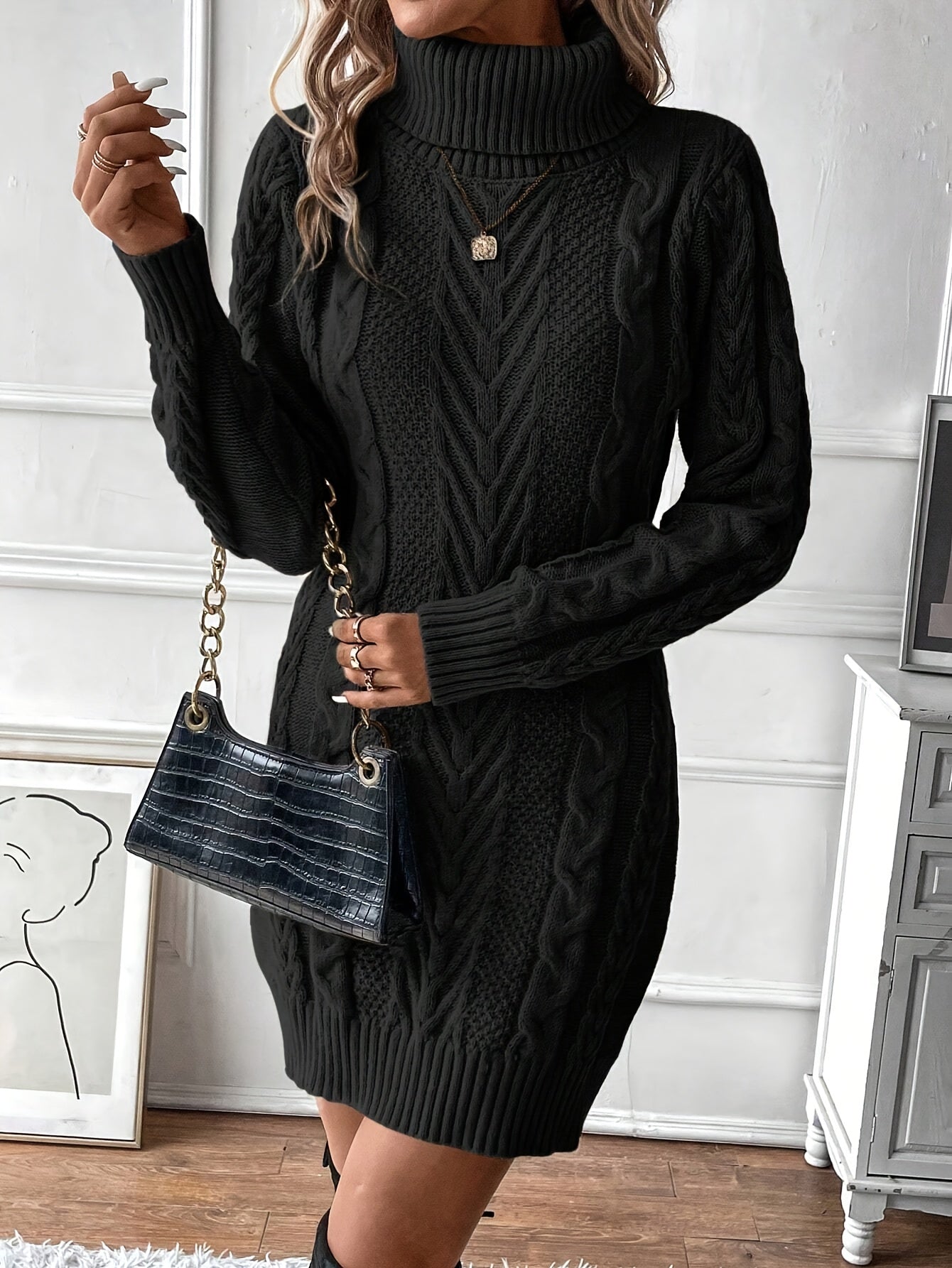 Robe pull hiver femme col roulé maille torsadée courte
