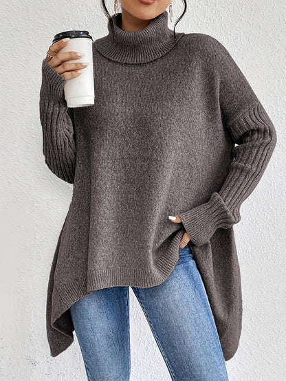 Pull chaud femme col roulé oversize – coupe asymétrique hiver cocooning