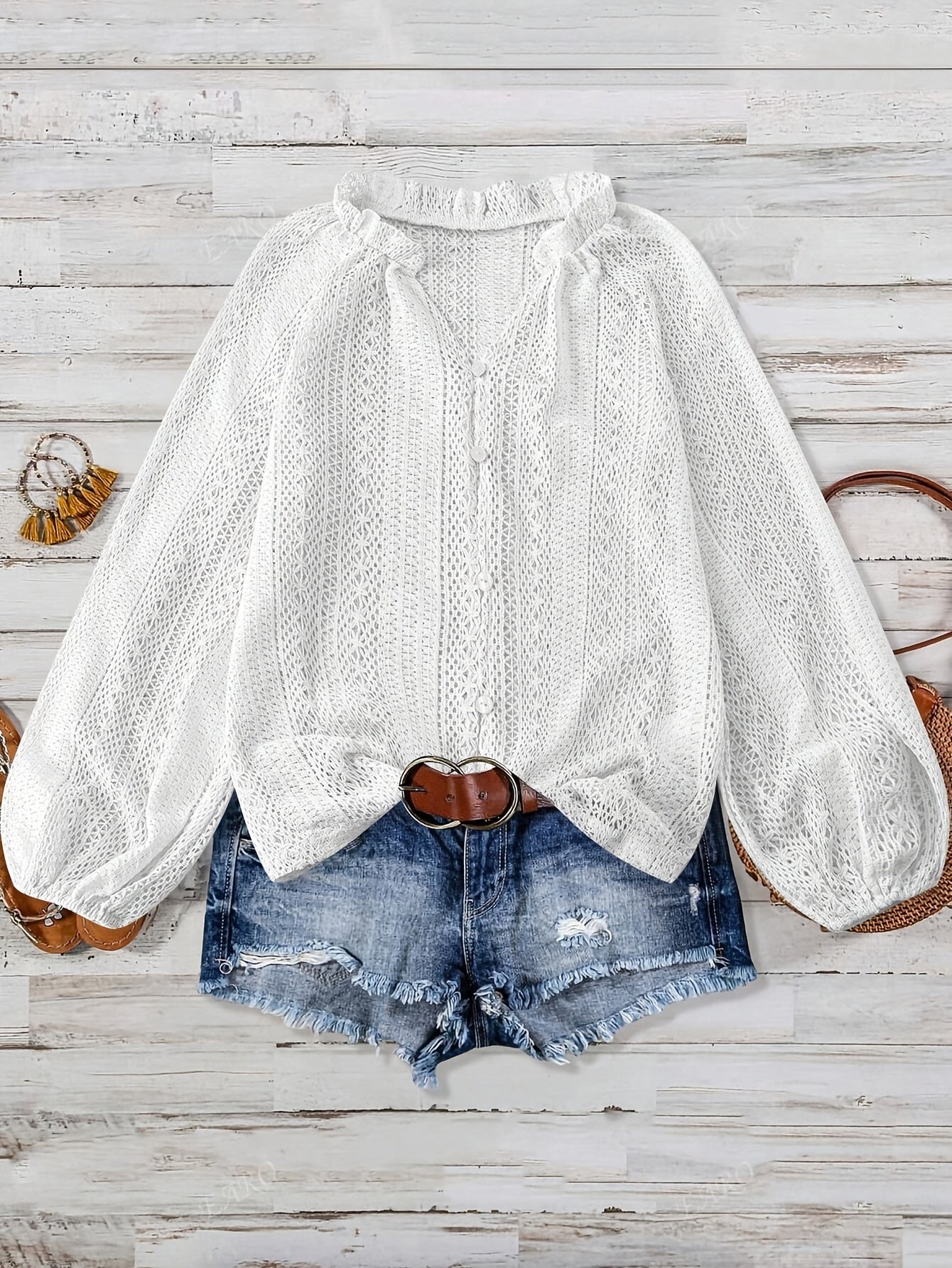 Blouse en maille ajourée femme manches longues boutonnée