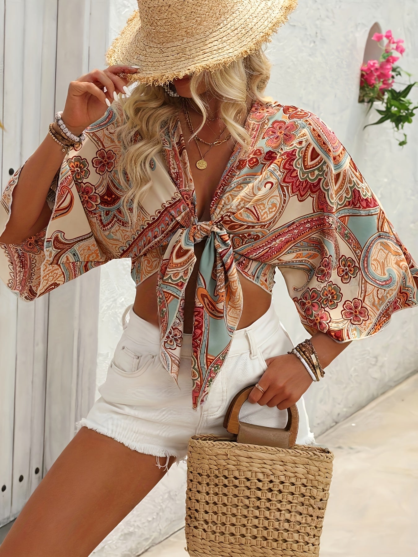Top bohème femme noué à l’avant manches larges imprimé foulard