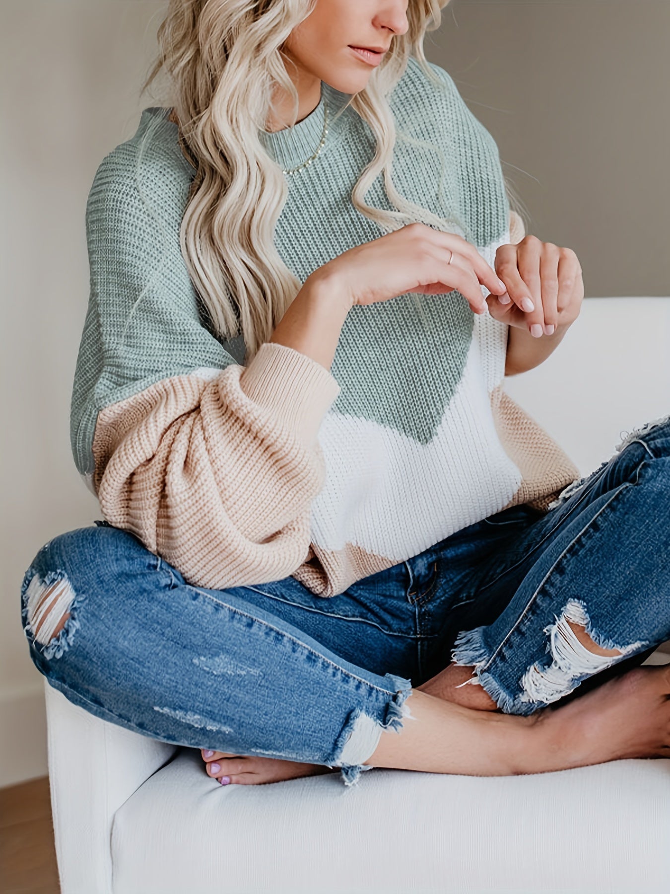 Pull chaud femme maille douce oversize tricolore