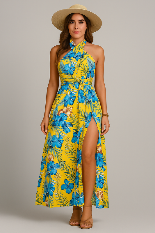 Robe longue bohème fluide femme – imprimé patchwork d’été