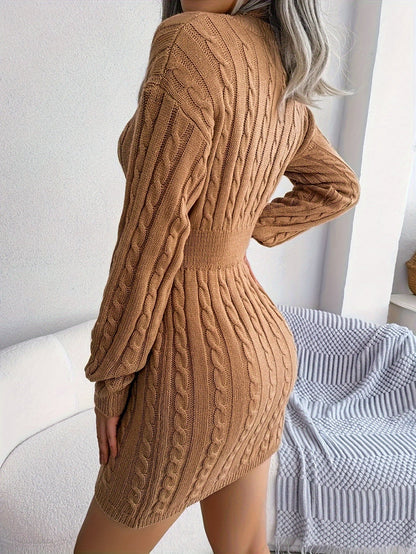 Robe pull hiver femme moulante col en V manches longues