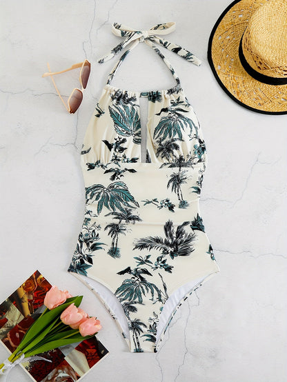 Maillot de bain 1 pièce femme fleuri à col noué dos nu
