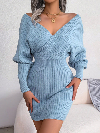 Robe pull moulante hiver femme col cache-cœur manches longues