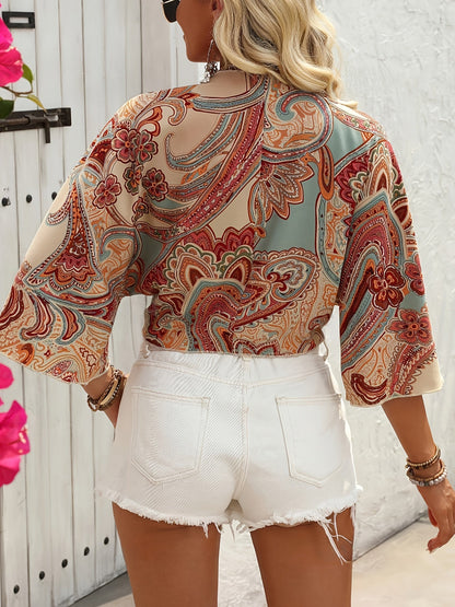 Top bohème femme noué à l’avant manches larges imprimé foulard