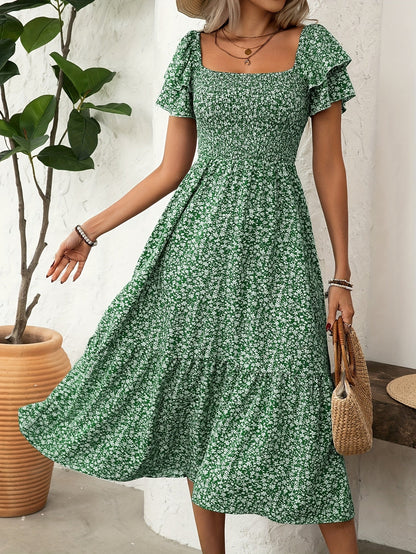 Robe mi-longue fleurie smockée – Vert émeraude