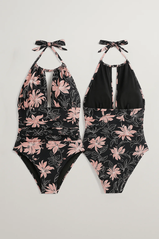 Maillot de bain 1 pièce femme fleuri à col noué dos nu