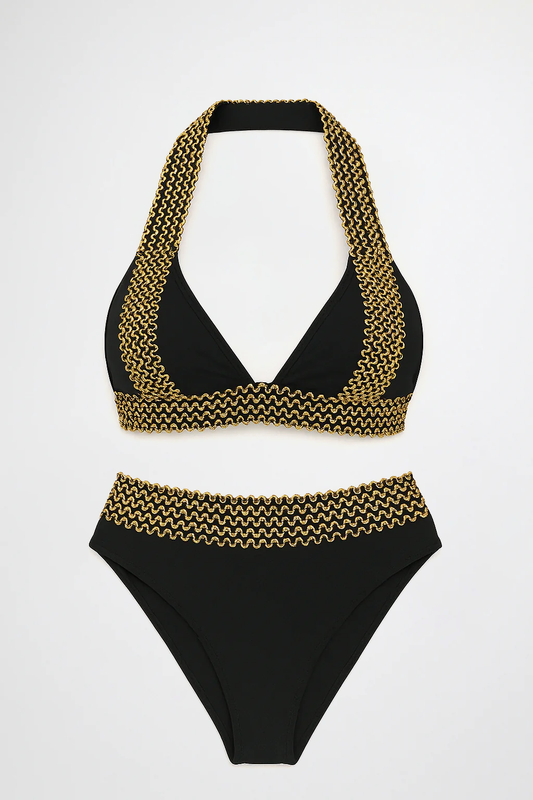 Maillot de bain 2 pièces taille haute chic doré