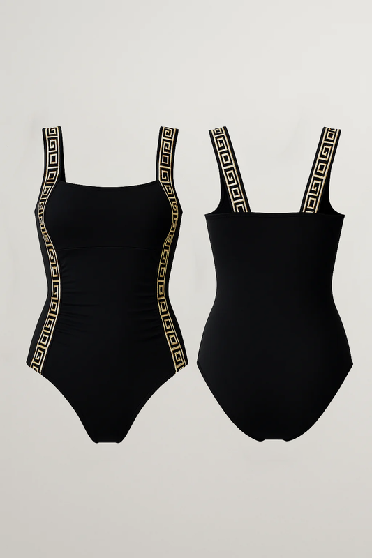Maillot de bain 1 pièce femme galbant à bandes dorées style grec