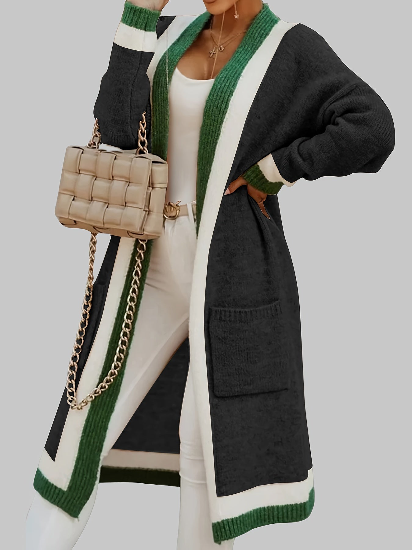 Gilet long chaud femme maille épaisse avec poches