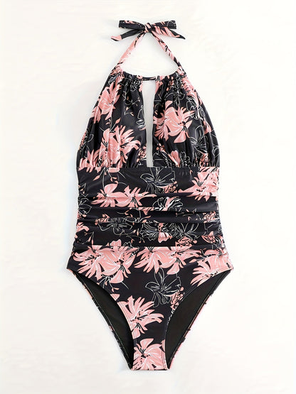 Maillot de bain 1 pièce femme fleuri à col noué dos nu