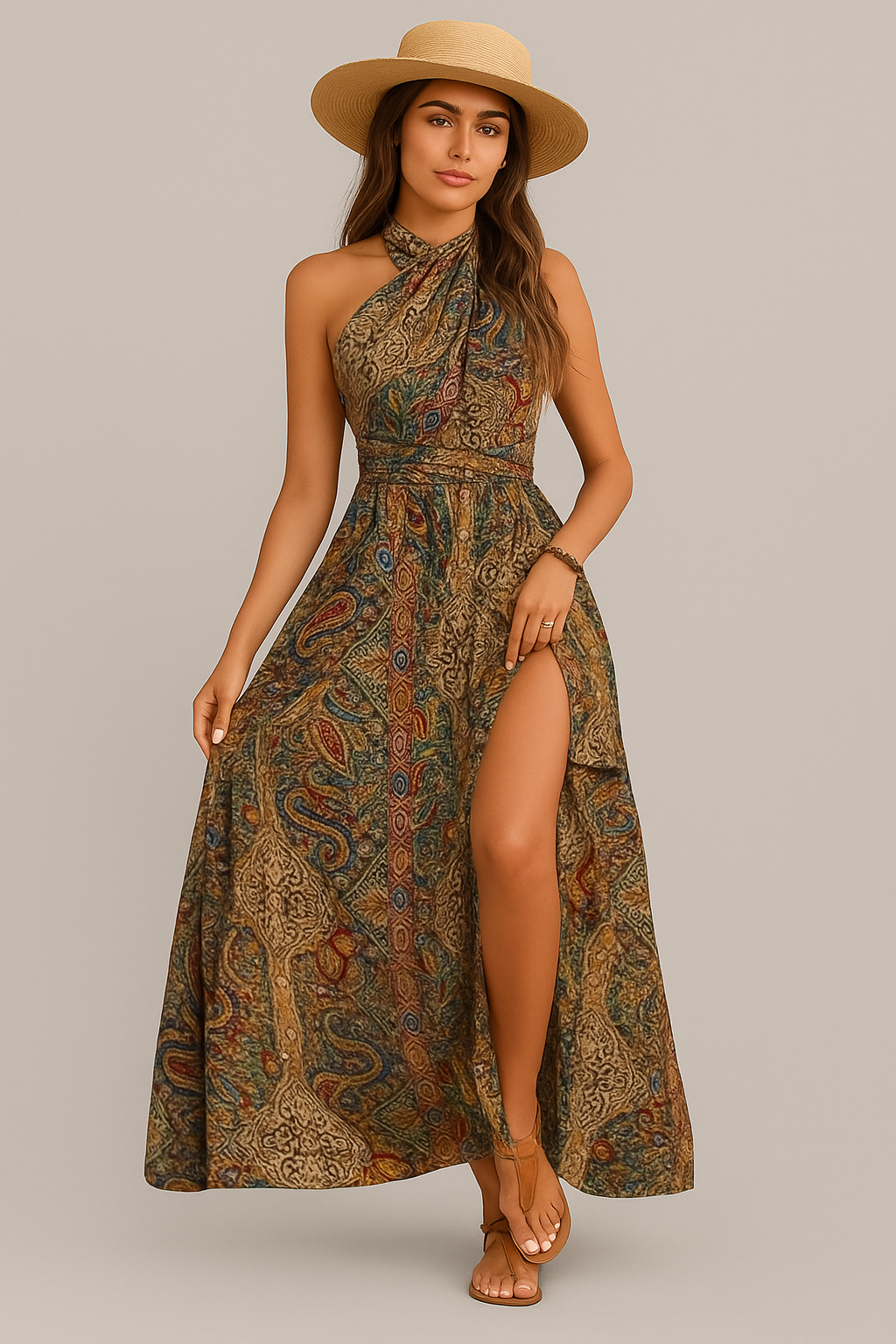 Robe longue bohème fluide femme – imprimé patchwork d’été