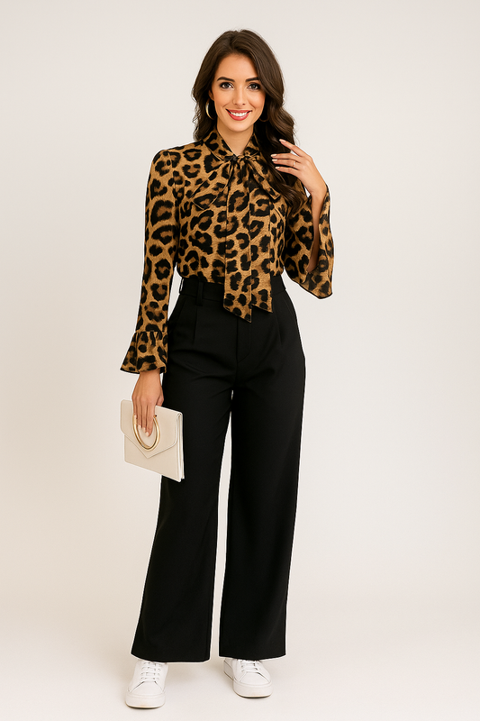 Blouse imprimé léopard femme col lavallière manches longues