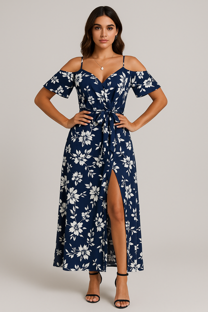 Robe longue fleurie à bretelles et épaules dénudées