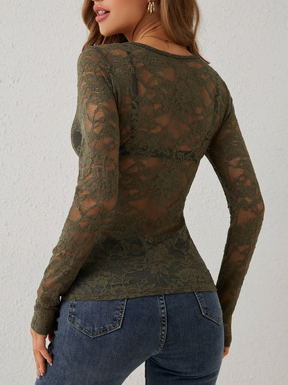 Top dentelle moulant femme manches longues décolleté festonné