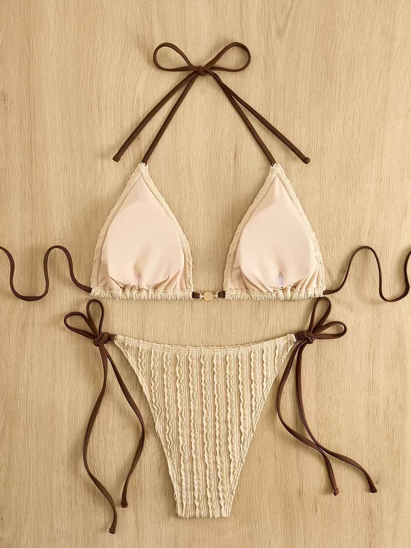Maillot de bain 2 pièces triangle texturé à nouer perle