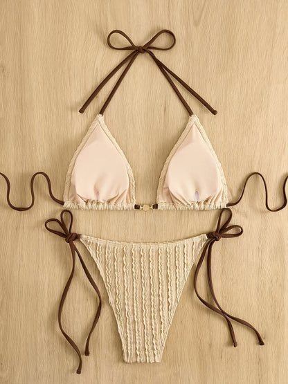 Maillot de bain 2 pièces triangle texturé à nouer perle