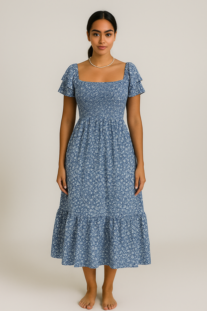 Robe mi-longue fleurie smockée – Vert émeraude