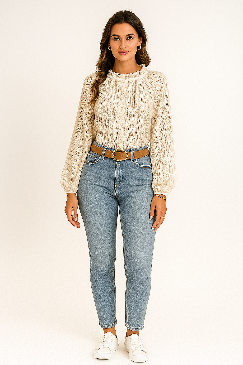Blouse en maille ajourée femme manches longues boutonnée