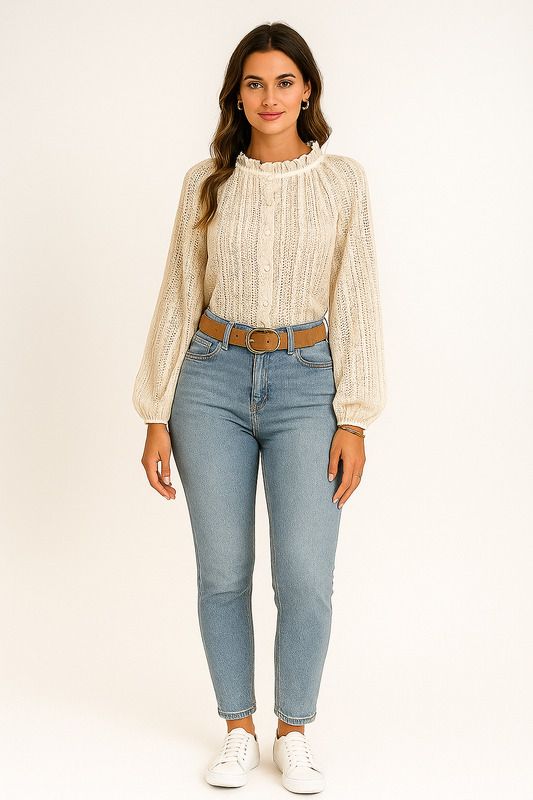 Blouse en maille ajourée femme manches longues boutonnée