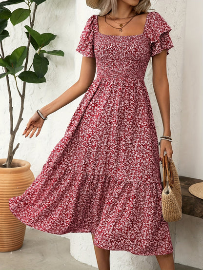 Robe mi-longue fleurie smockée – Vert émeraude