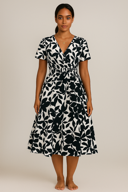 Robe portefeuille été femme imprimé feuillage manches courtes