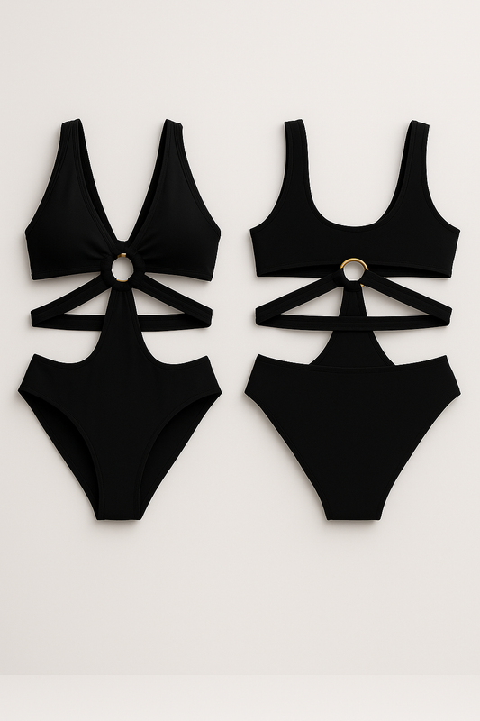 Maillot de bain 1 pièce femme échancré avec découpes et anneau doré