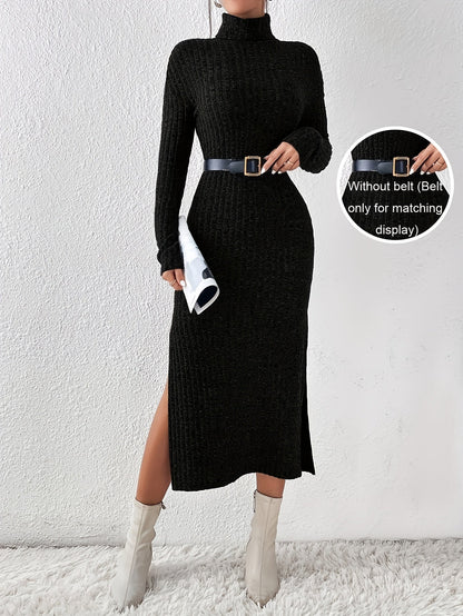 Robe pull longue moulante femme col montant fendue
