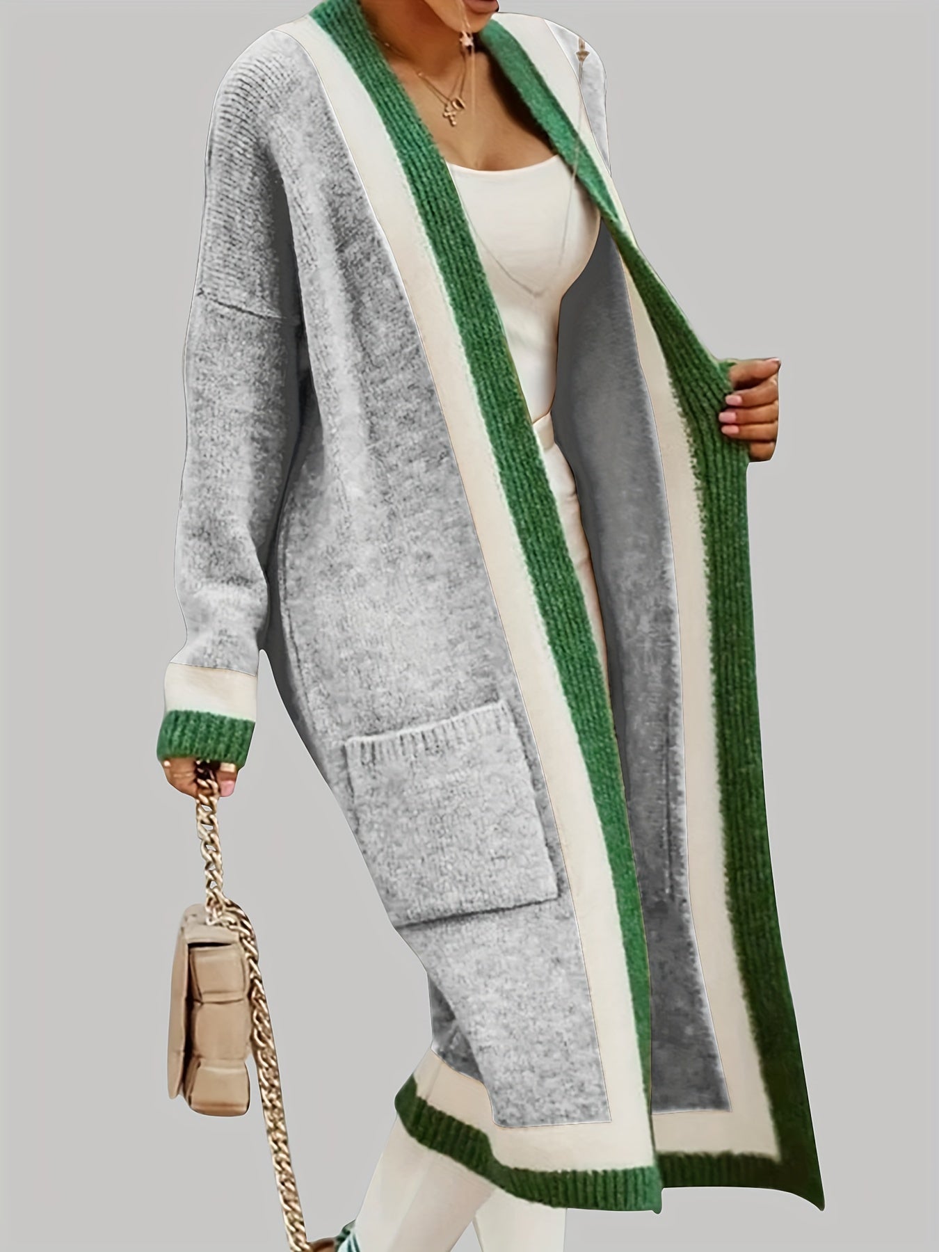 Gilet long chaud femme maille épaisse avec poches