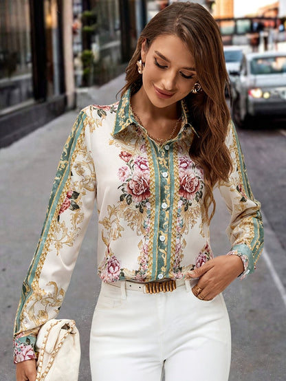Chemise imprimée baroque femme col classique manches longues