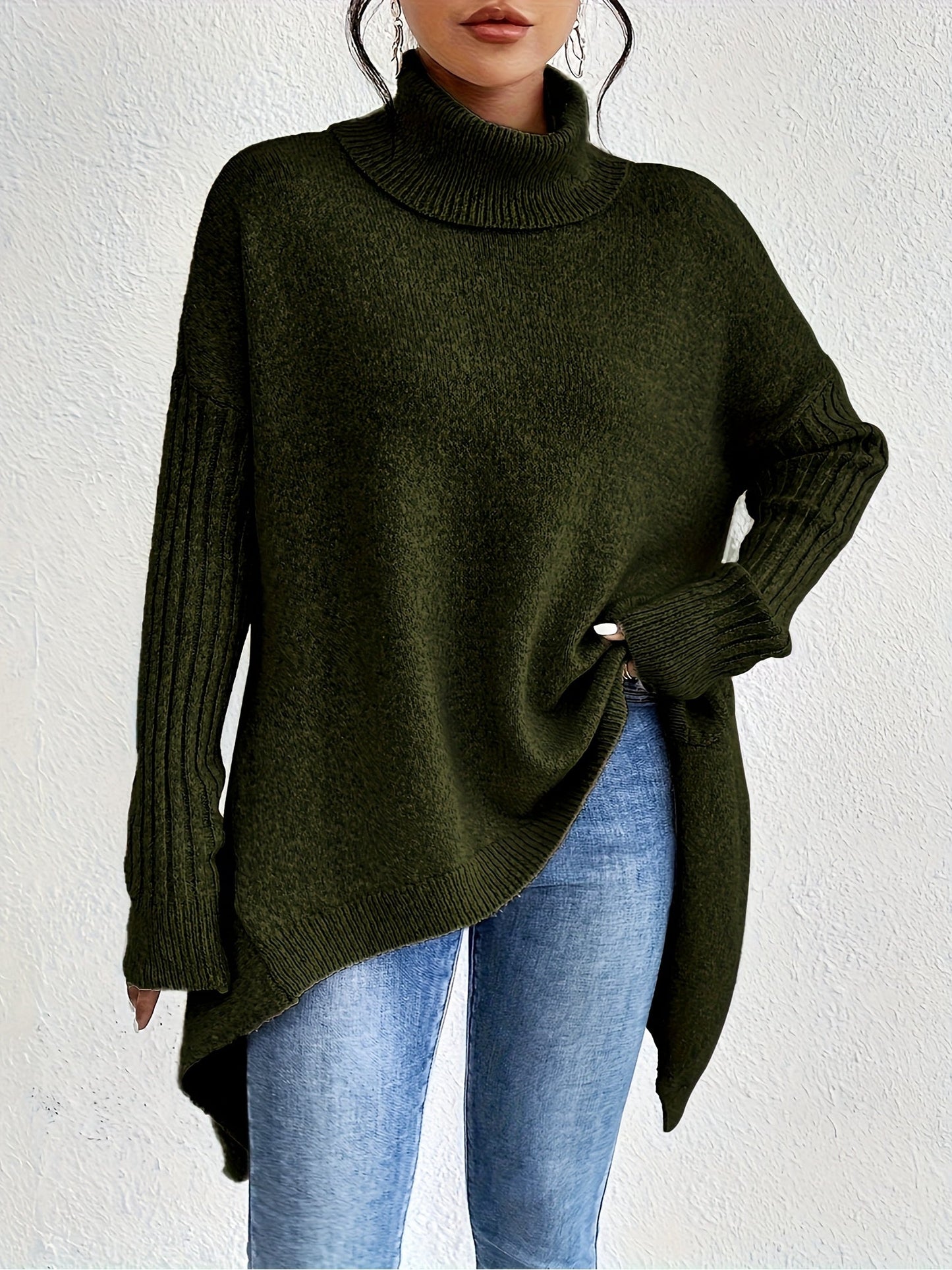 Pull chaud femme col roulé oversize – coupe asymétrique hiver cocooning