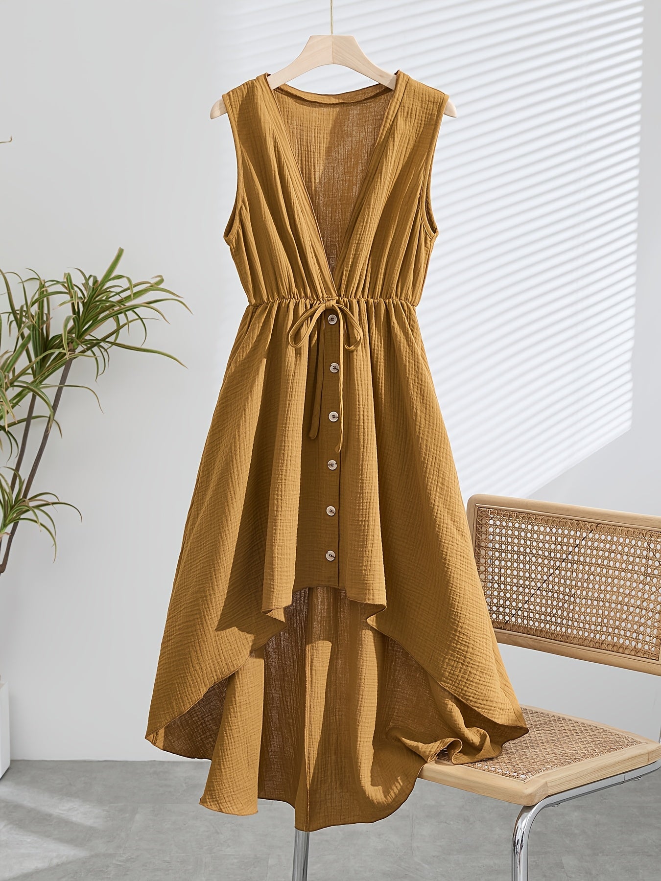 Robe bohème longue sans manches femme effet lin fluide