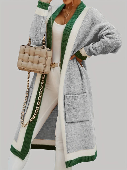 Gilet long chaud femme maille épaisse avec poches