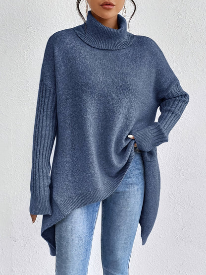Pull chaud femme col roulé oversize – coupe asymétrique hiver cocooning
