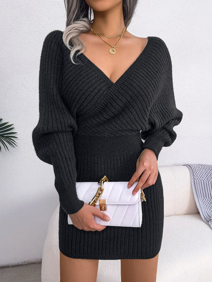 Robe pull moulante hiver femme col cache-cœur manches longues